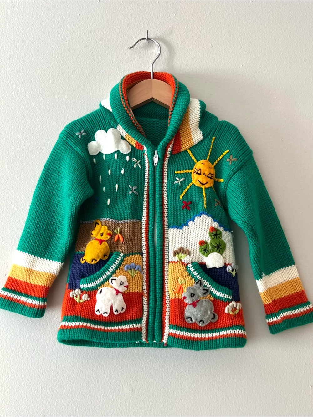 Peruvian Hand Knit Hooded Cardigan Animal Appliqué Toddler 2T